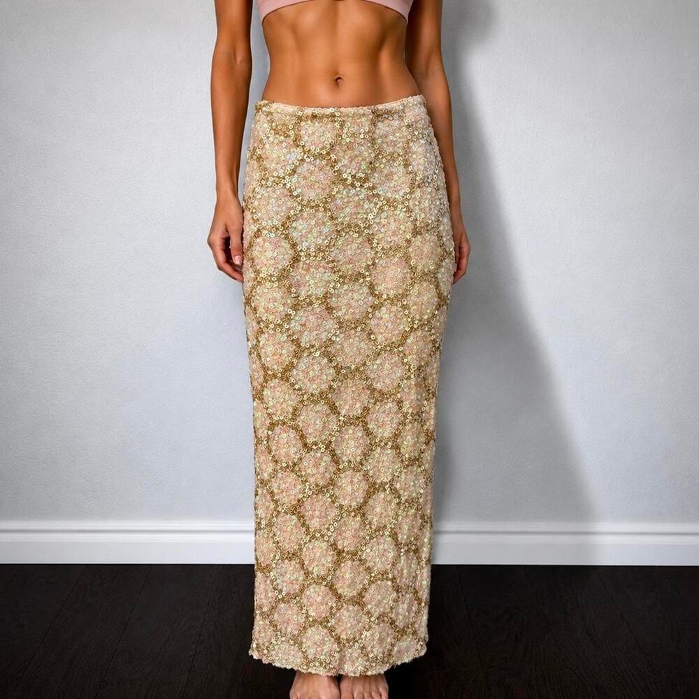 Vintage 90s Champagne Beaded Sequin Embellished Evening Maxi Skirt Size Small